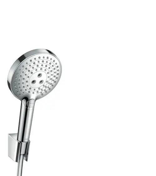 Duschelement von Hansgrohe mit runder Kopfbrause und Halterung. Der Schlauch ist in das Design integriert und ermöglicht eine flexible Nutzung. Schadstofffreies Material in Chromoptik.